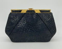 Judith Leiber Black Embossed Suede Alligator Clutch