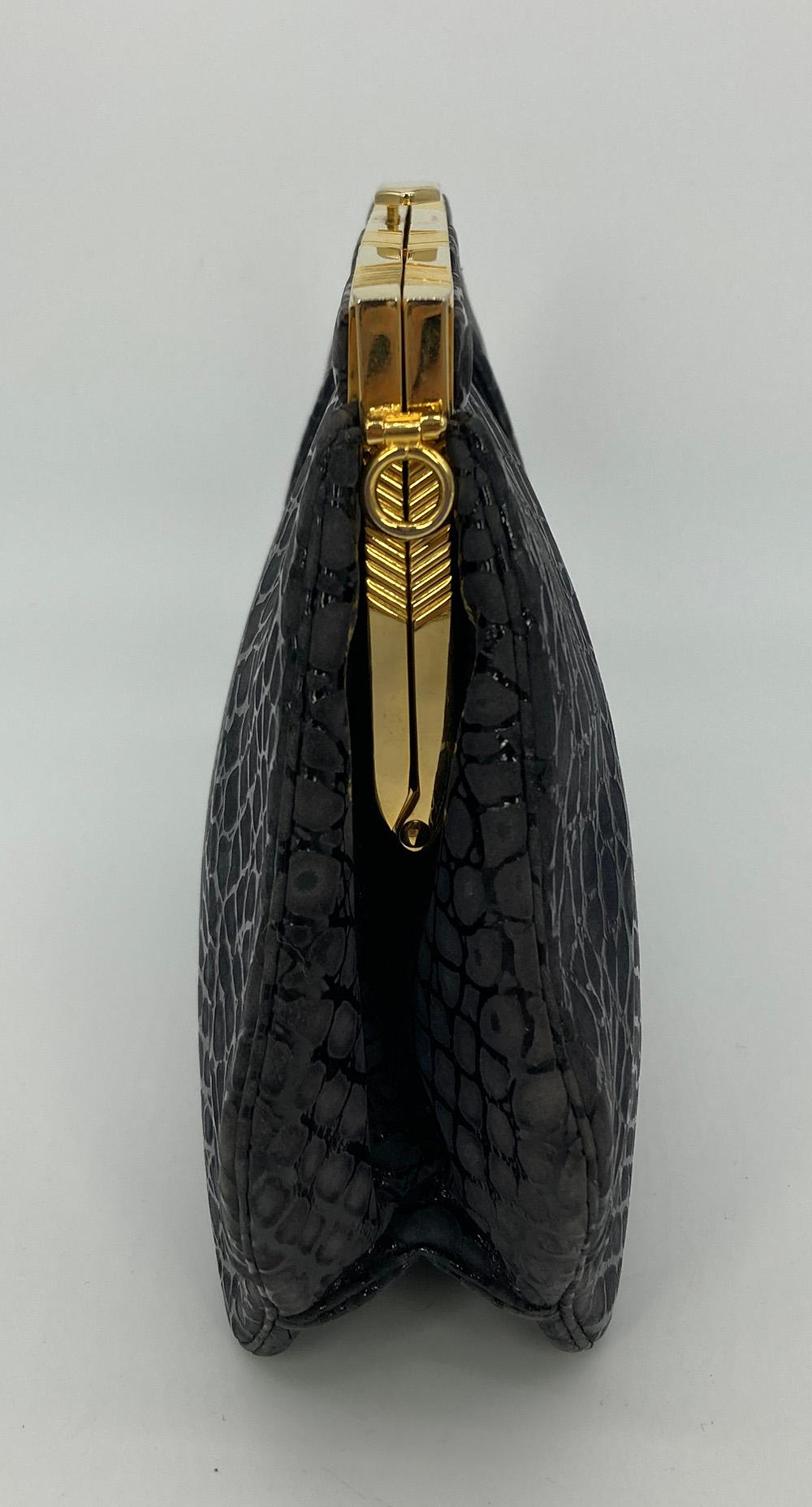 Judith Leiber Black Embossed Suede Alligator Clutch In Excellent Condition For Sale In Philadelphia, PA