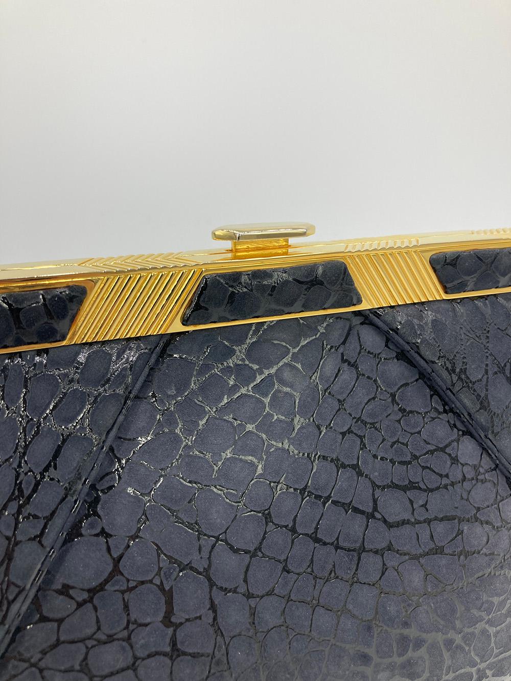 Judith Leiber Black Embossed Suede Alligator Clutch For Sale 1