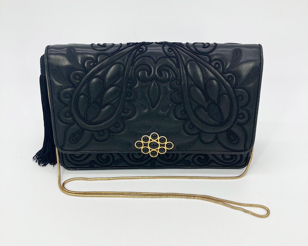 Judith Leiber Black Embroidered Leather Tassel Clutch  For Sale 8