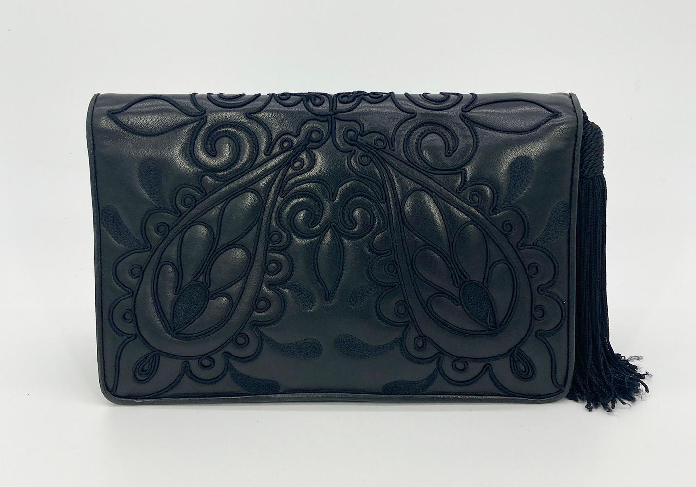 Judith Leiber Black Embroidered Leather Tassel Clutch  In Good Condition For Sale In Philadelphia, PA