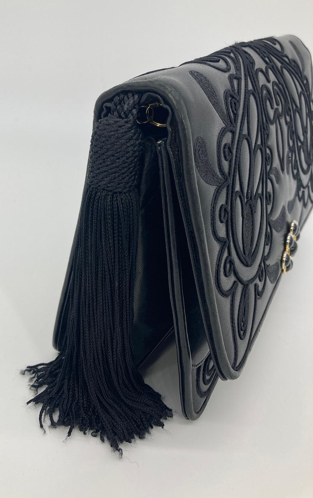 Women's Judith Leiber Black Embroidered Leather Tassel Clutch  For Sale