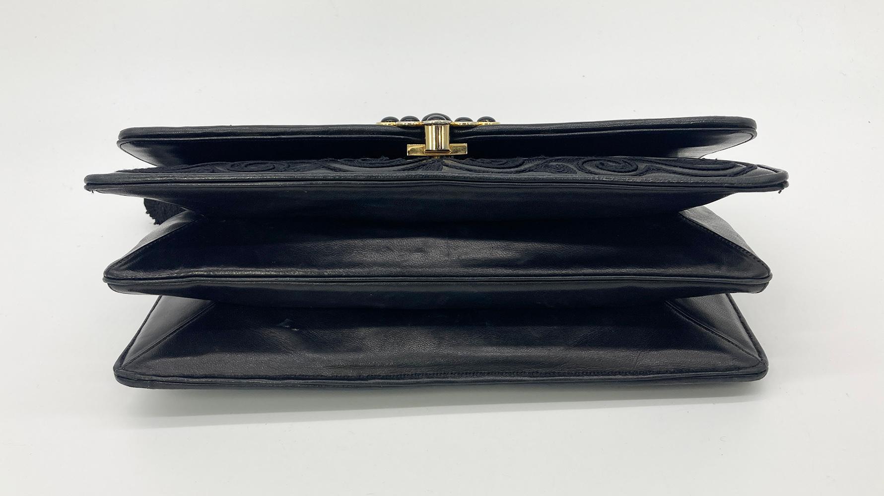 Judith Leiber Black Embroidered Leather Tassel Clutch  For Sale 2