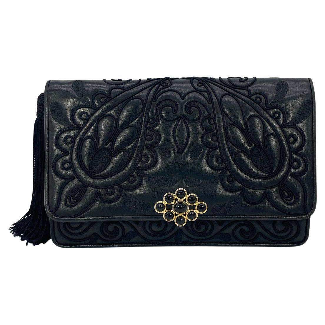 Judith Leiber Black Embroidered Leather Tassel Clutch  For Sale