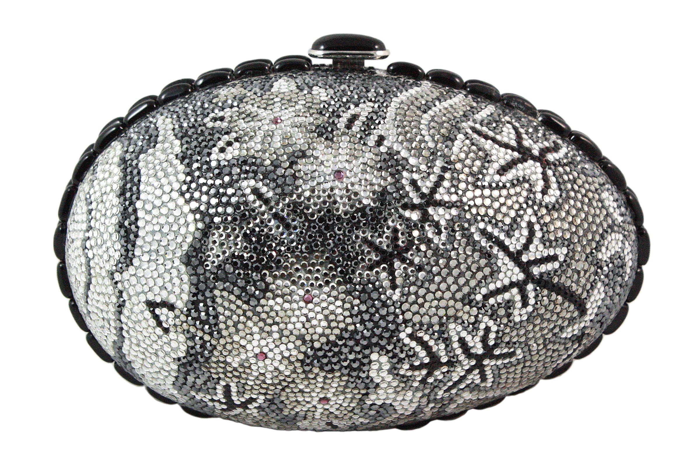Judith Leiber Black Grey and Silver Rhinestone Egg Clutch In Good Condition In Los Angeles, CA