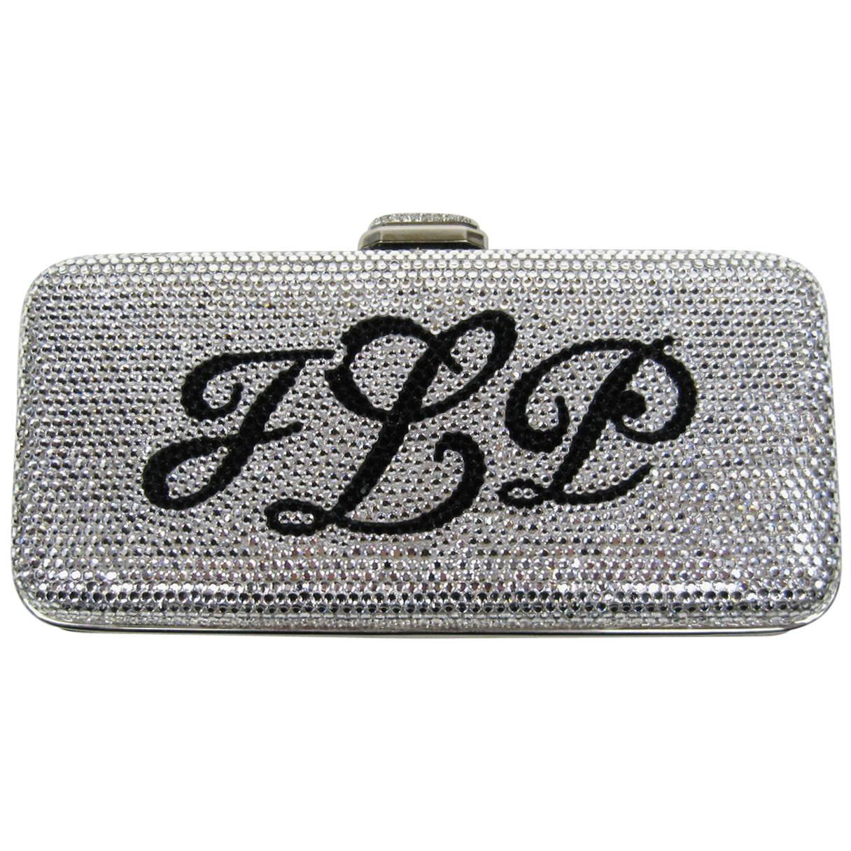 Judith Leiber Monogram Hinged Hard Shell Clutch JLP Double-sided Black and Silver crystals. 3.5 in H x 6 in W x 1 3/4 in D - 50 in. chain, New with Tags.  Please be sure to check our storefront for more fashion as we have both Vintage and