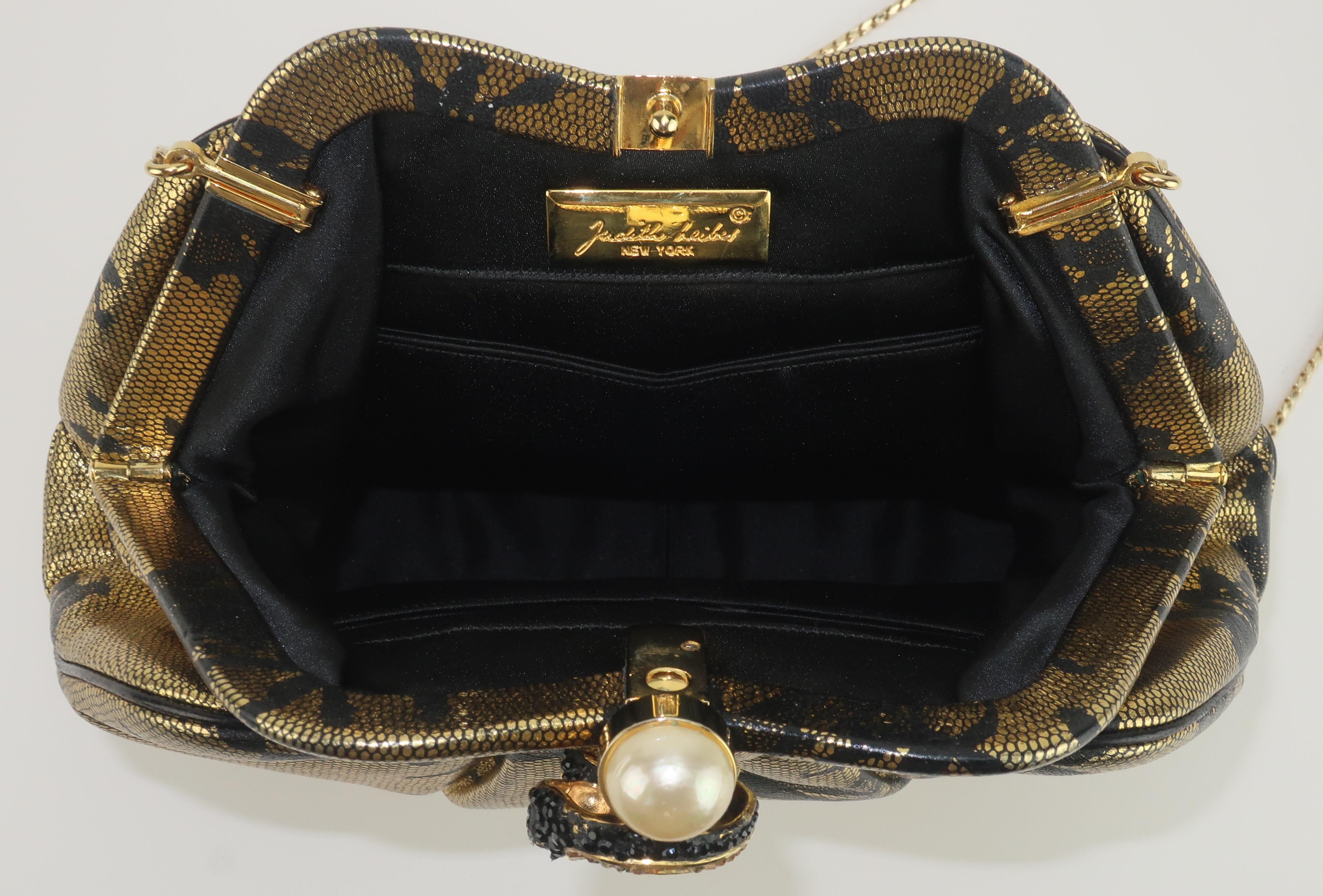 Judith Leiber Black Lace Printed Gold Leather Snake Handbag For Sale 5