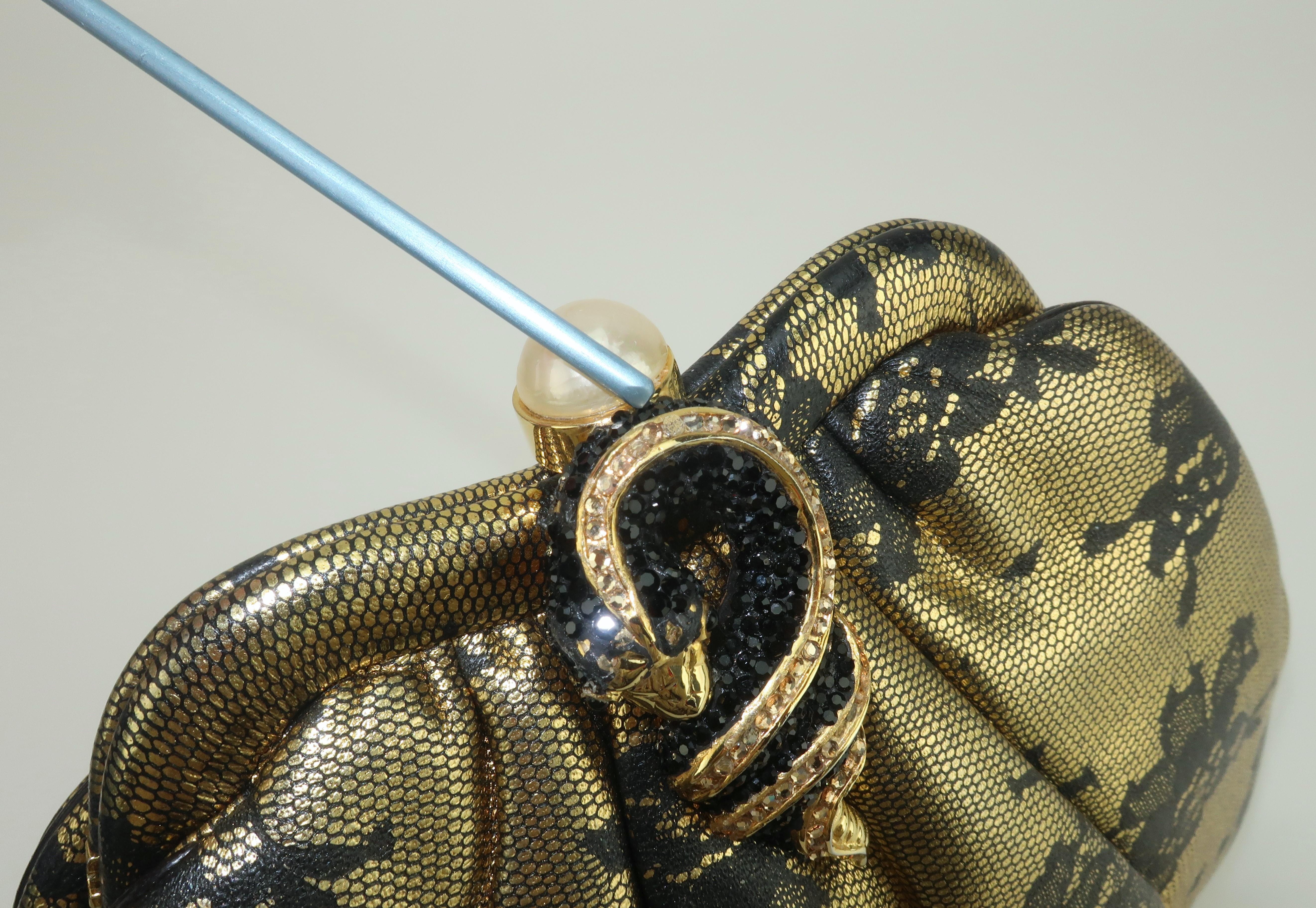 Judith Leiber Black Lace Printed Gold Leather Snake Handbag For Sale 7