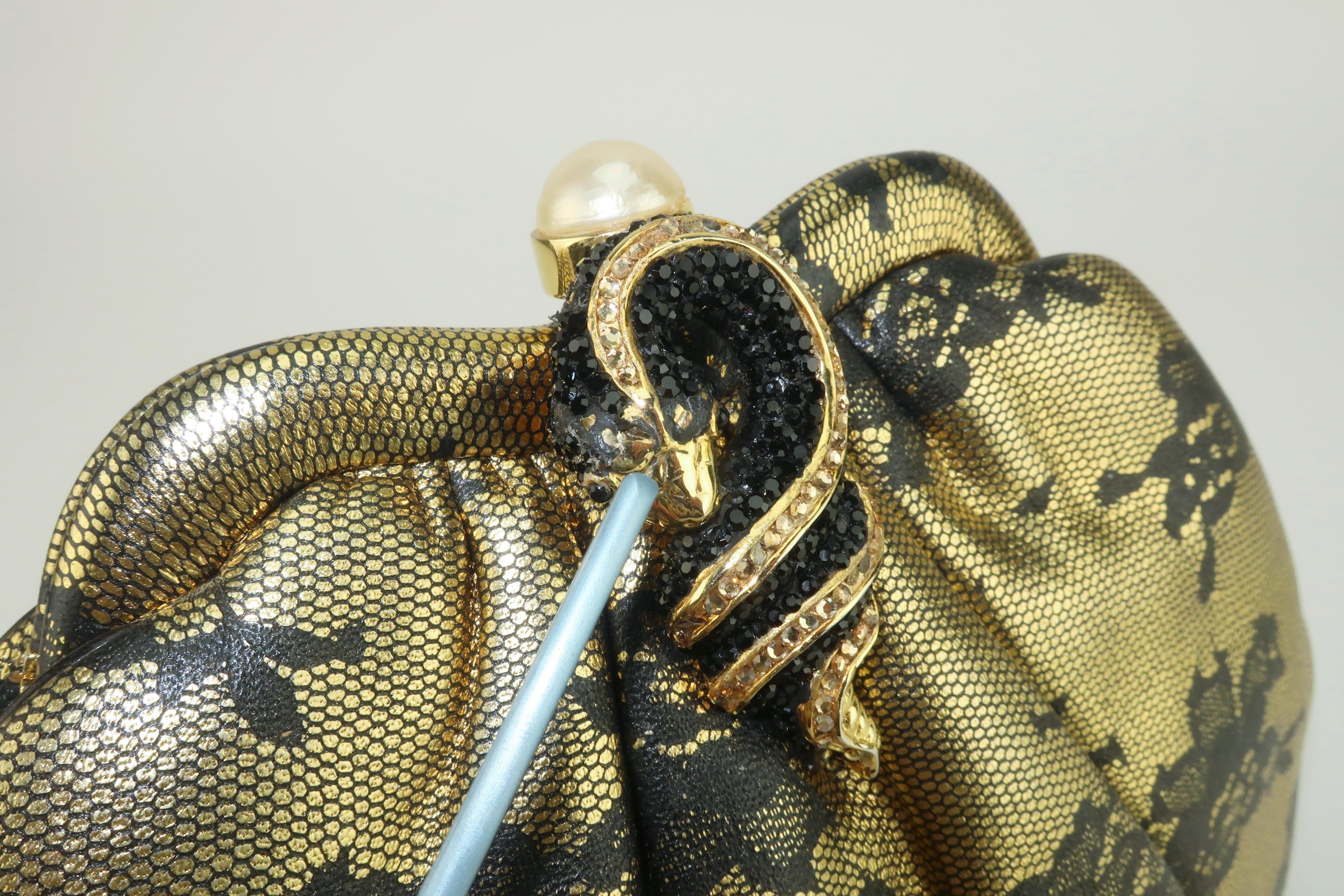 Judith Leiber Black Lace Printed Gold Leather Snake Handbag For Sale 8