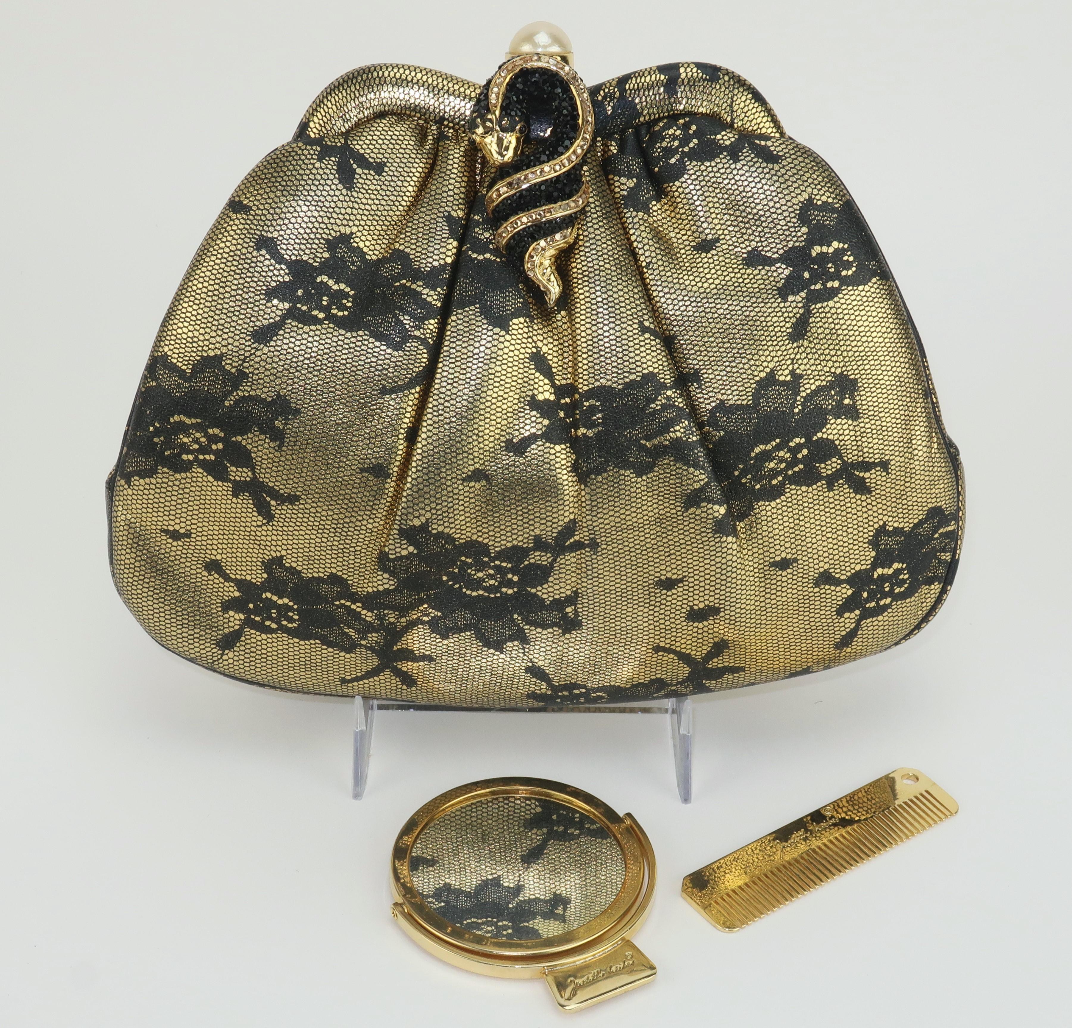 Judith Leiber Black Lace Printed Gold Leather Snake Handbag For Sale 9