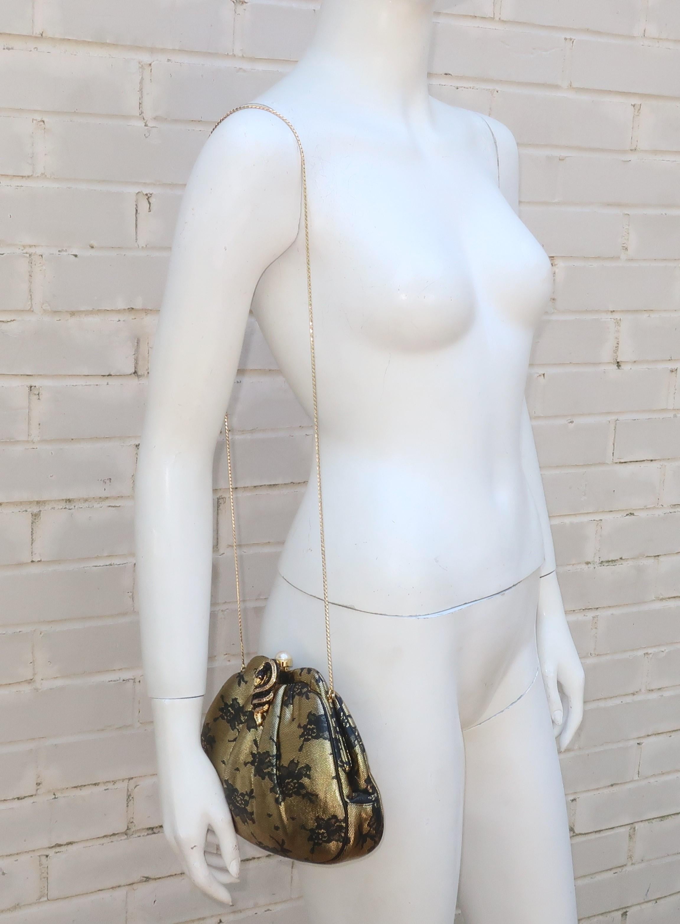 Judith Leiber Black Lace Printed Gold Leather Snake Handbag For Sale 10