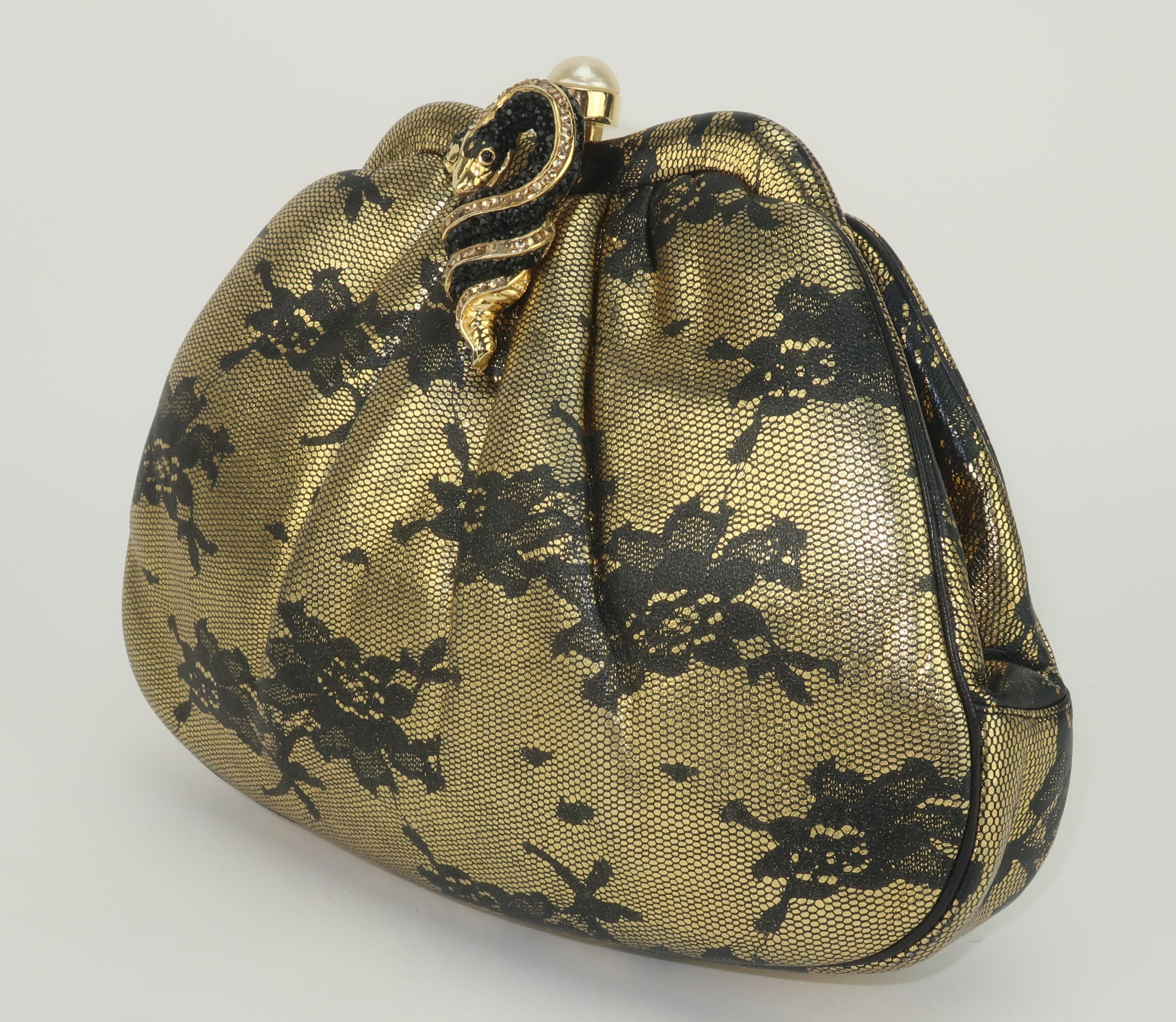 Brown Judith Leiber Black Lace Printed Gold Leather Snake Handbag For Sale