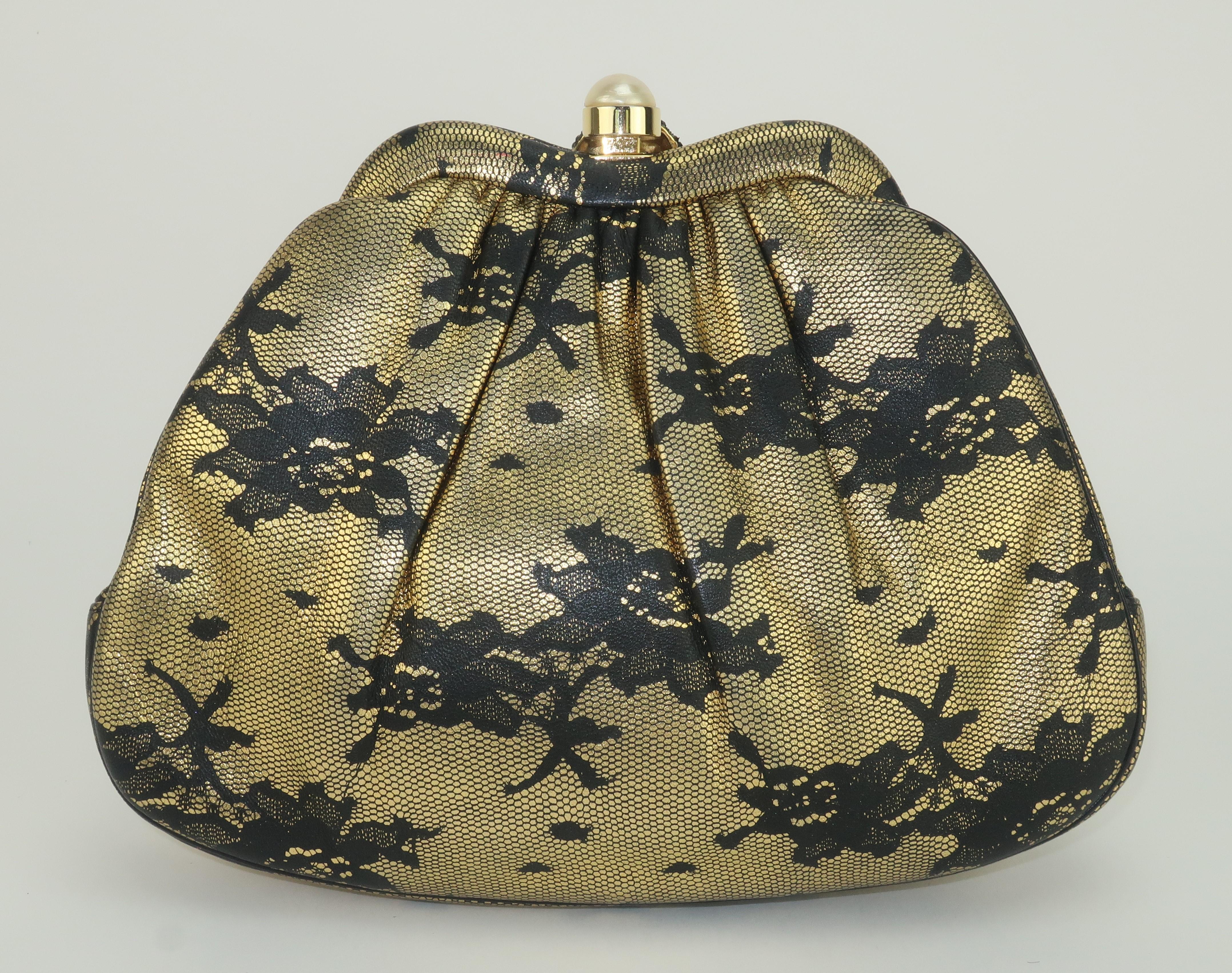 Women's Judith Leiber Black Lace Printed Gold Leather Snake Handbag For Sale