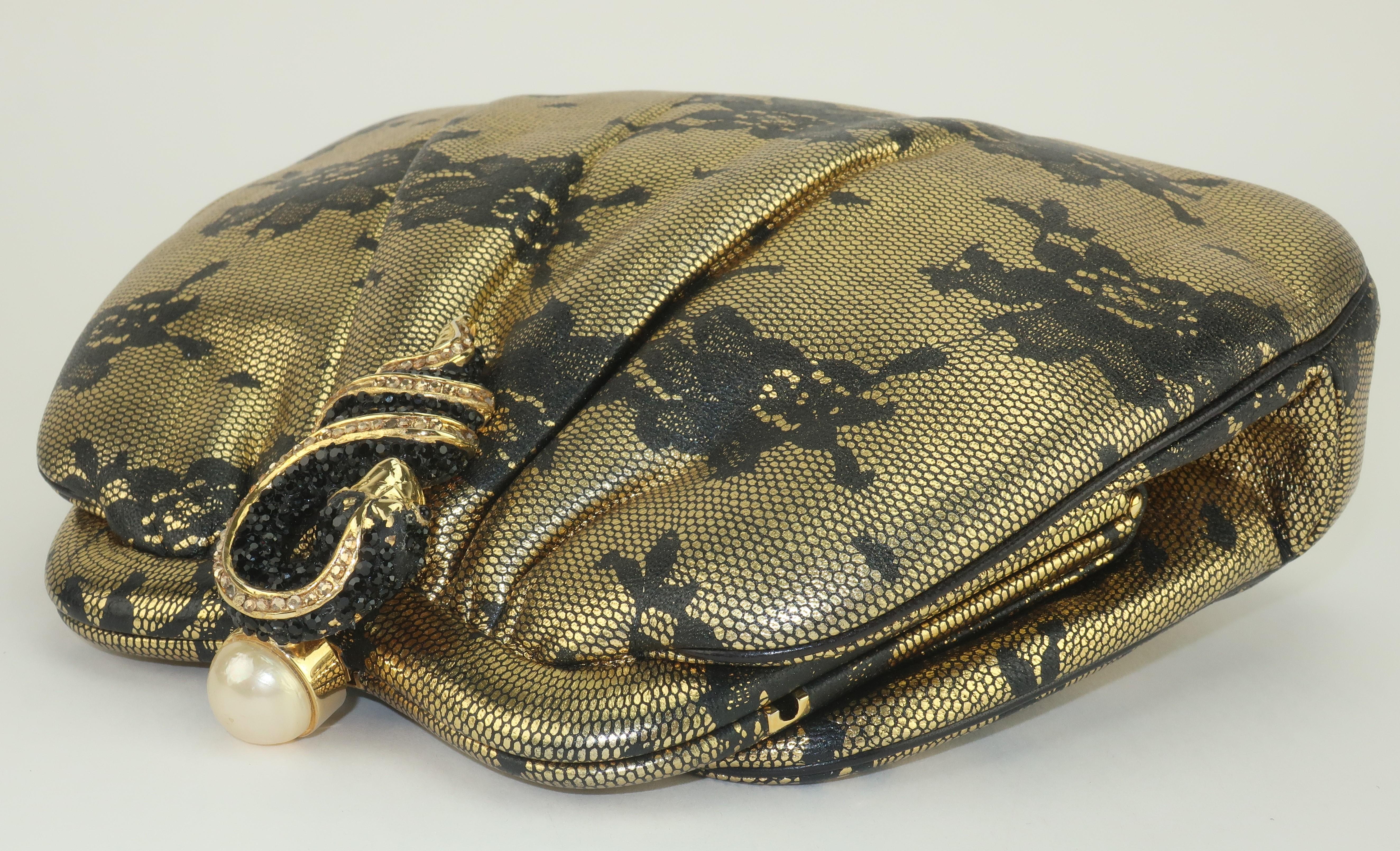 Judith Leiber Black Lace Printed Gold Leather Snake Handbag For Sale 4