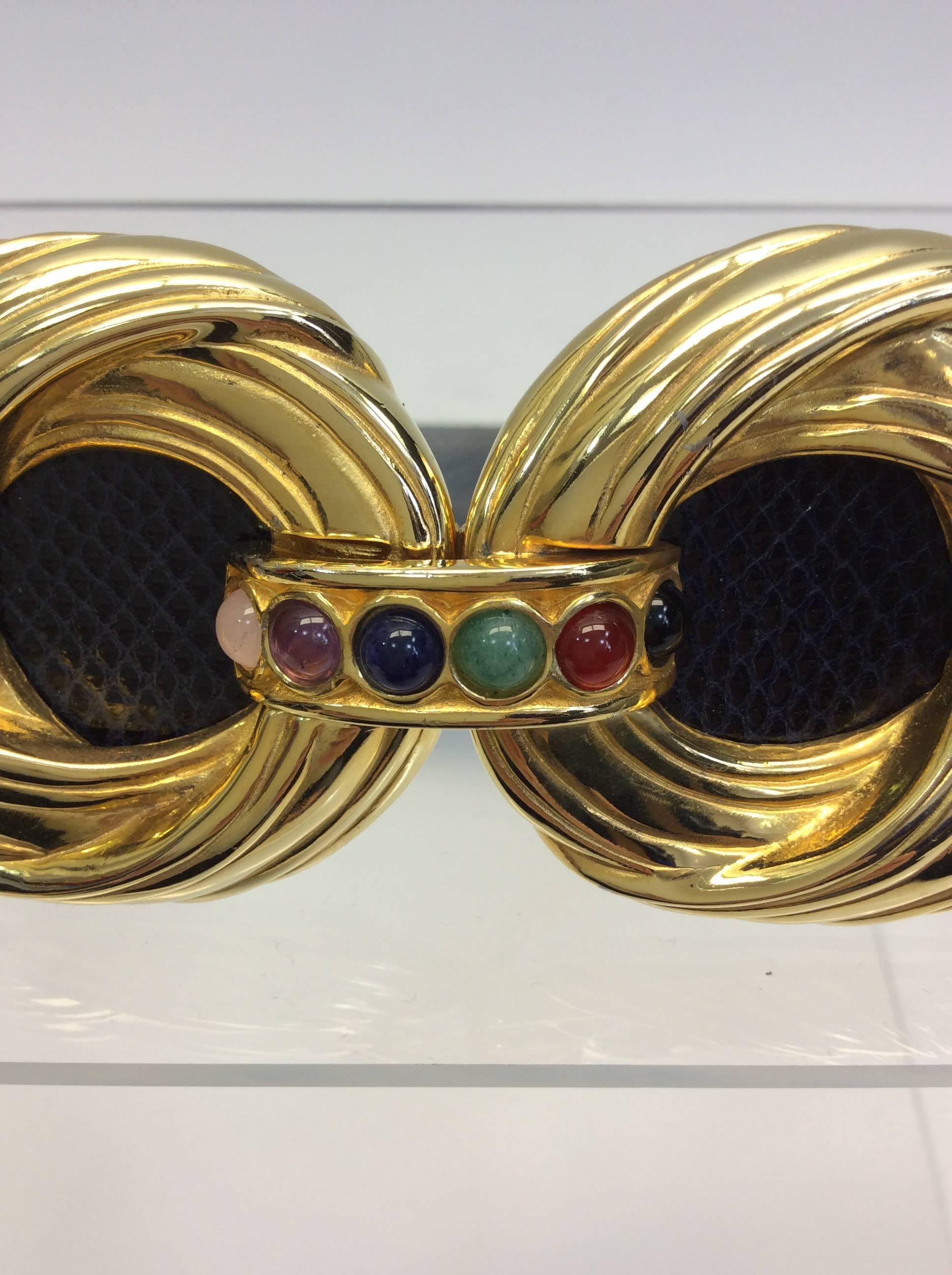 Judith Leiber Black Leather and Gold Multi-Color Stone Belt In Excellent Condition For Sale In Narberth, PA