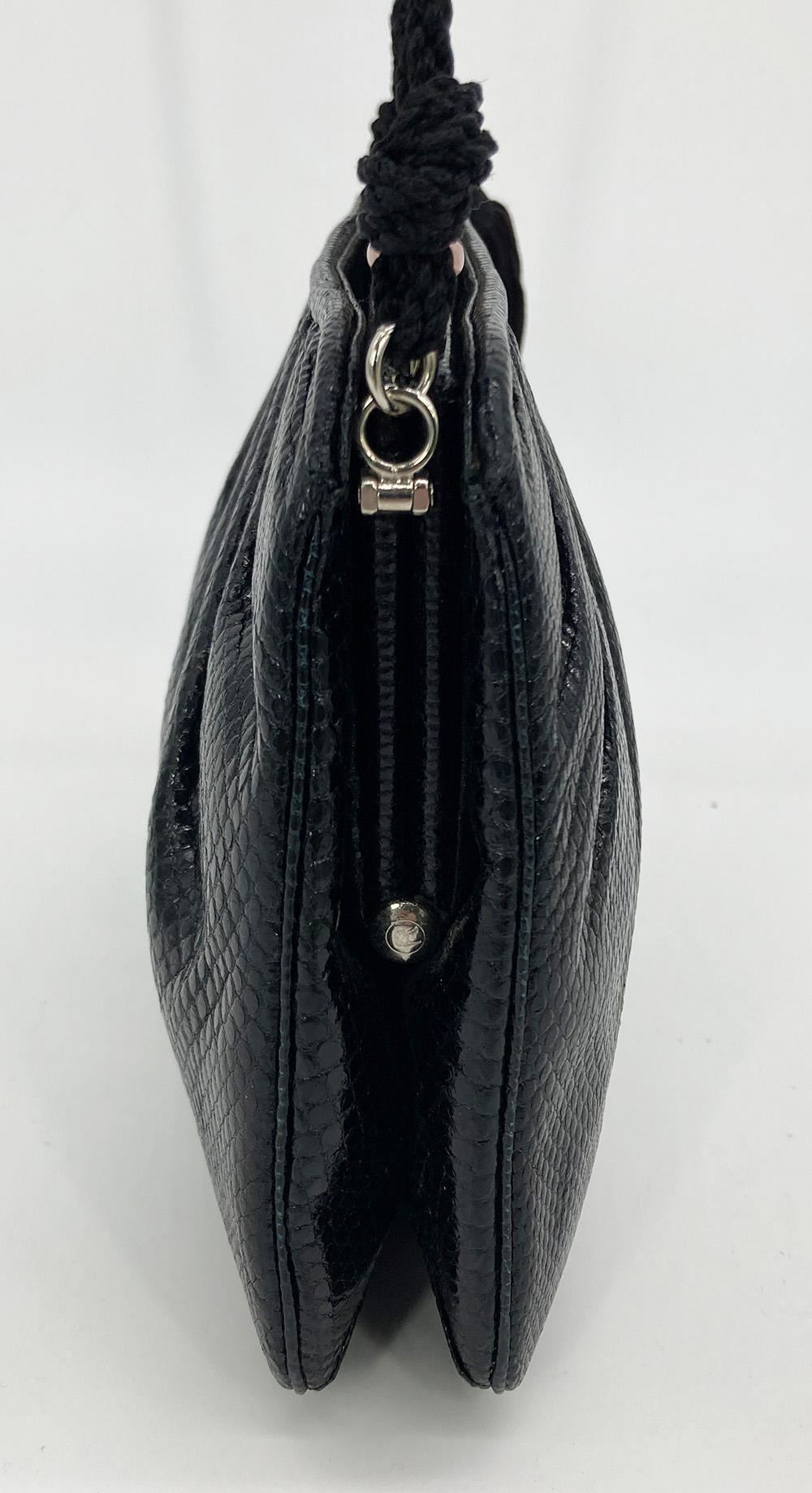 Judith Leiber Black Lizard Antique Silver Crystal Rose Quartz Shoulder Bag In Excellent Condition For Sale In Philadelphia, PA