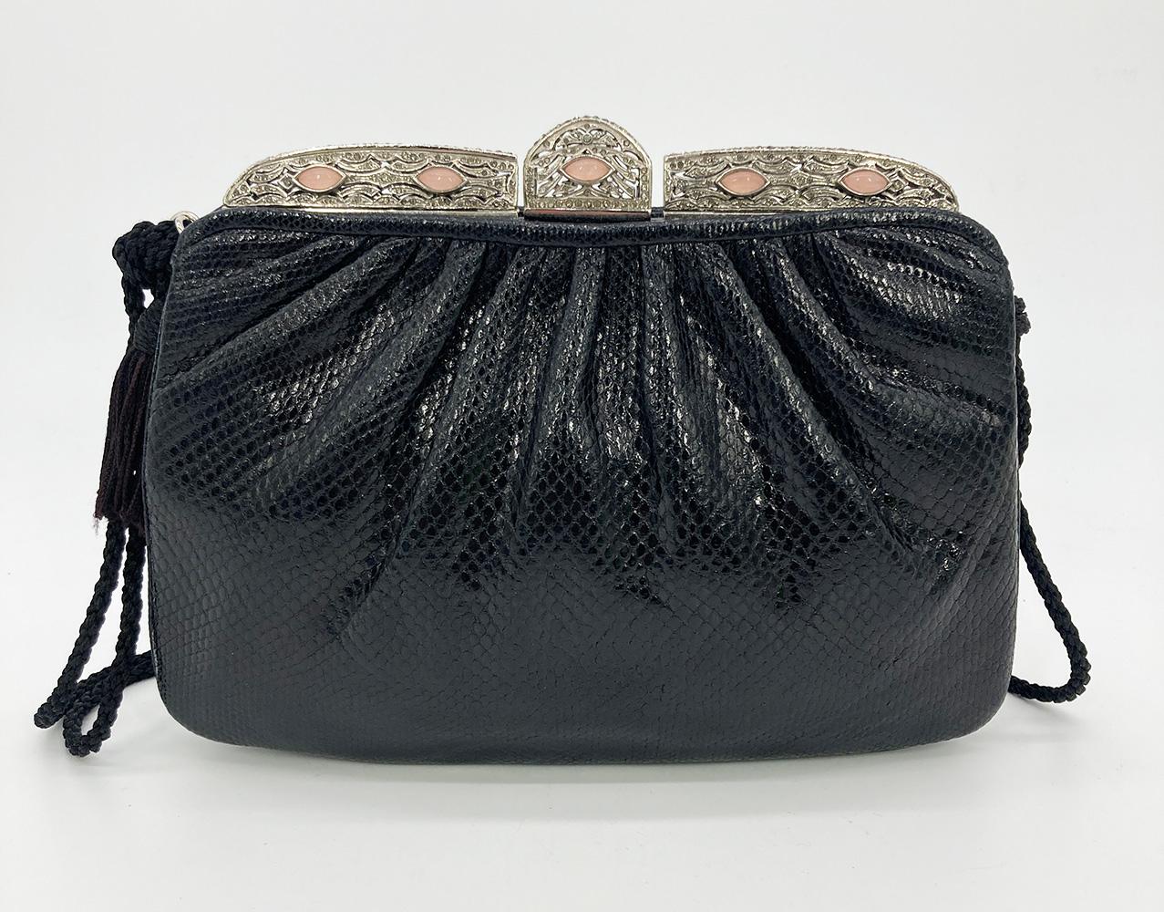 Women's Judith Leiber Black Lizard Antique Silver Crystal Rose Quartz Shoulder Bag For Sale
