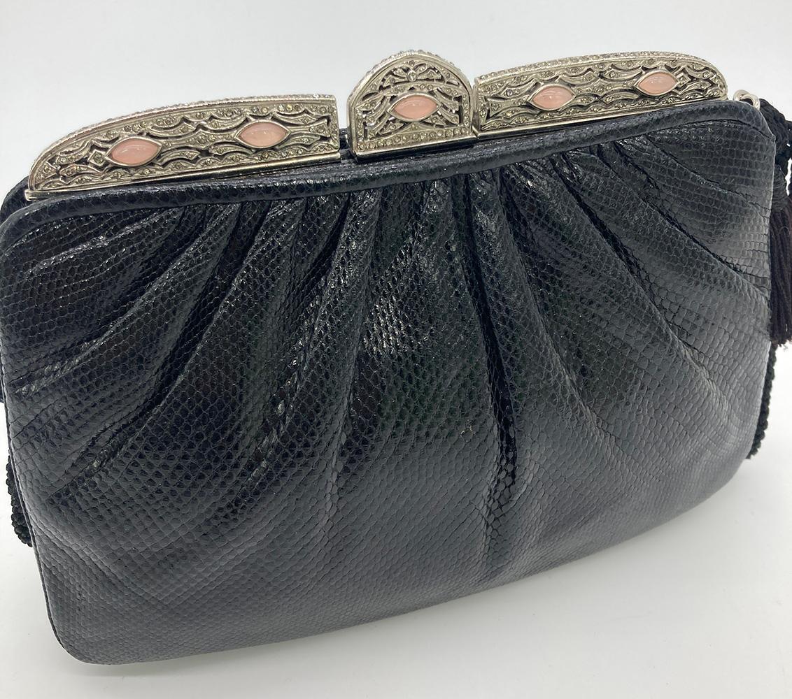 Judith Leiber Black Lizard Antique Silver Crystal Rose Quartz Shoulder Bag For Sale 2