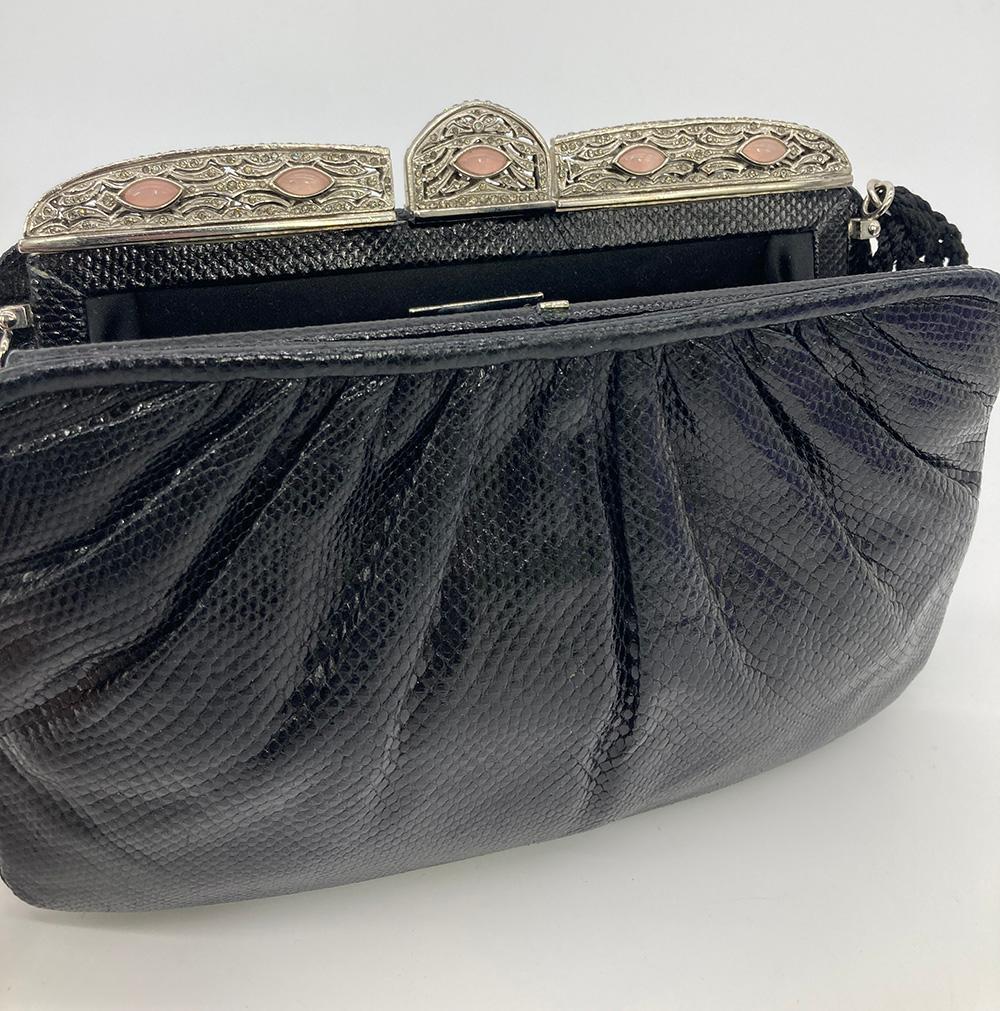 Judith Leiber Black Lizard Antique Silver Crystal Rose Quartz Shoulder Bag For Sale 4