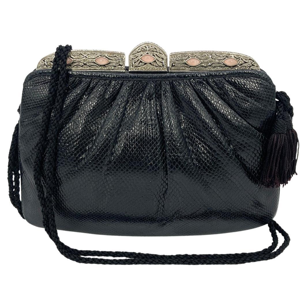 Judith Leiber Black Lizard Antique Silver Crystal Rose Quartz Shoulder Bag For Sale