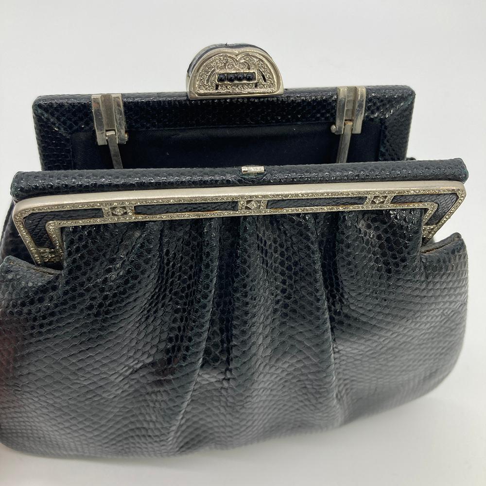 Judith Leiber Black Lizard Antique Silver Crystal Top Clutch For Sale 8