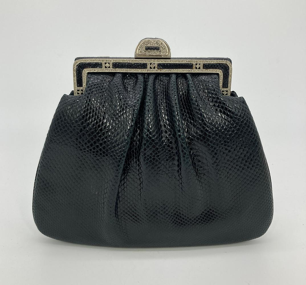 Judith Leiber Black Lizard Antique Silver Crystal Top Clutch In Good Condition For Sale In Philadelphia, PA
