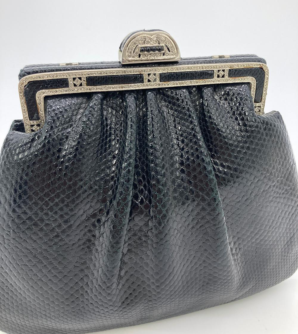 Judith Leiber Black Lizard Antique Silver Crystal Top Clutch For Sale 1