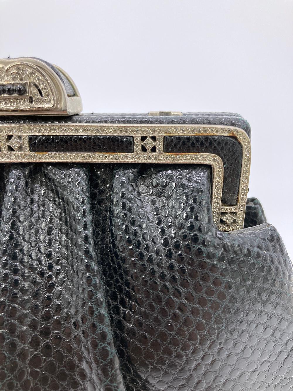 Judith Leiber Negro Lagarto Plata Antiguo Cristal Top Clutch en venta 2