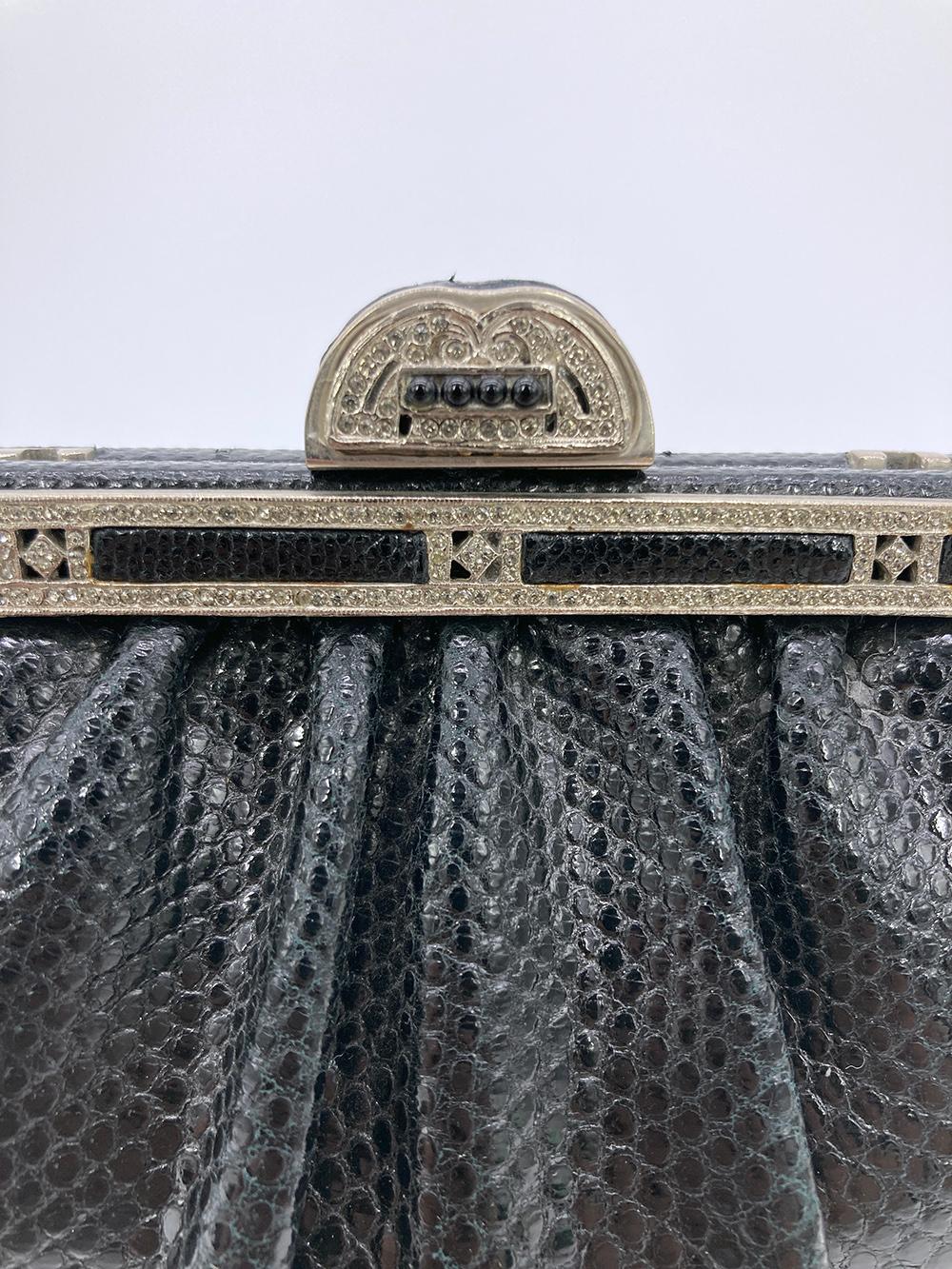 Judith Leiber Black Lizard Antique Silver Crystal Top Clutch For Sale 3
