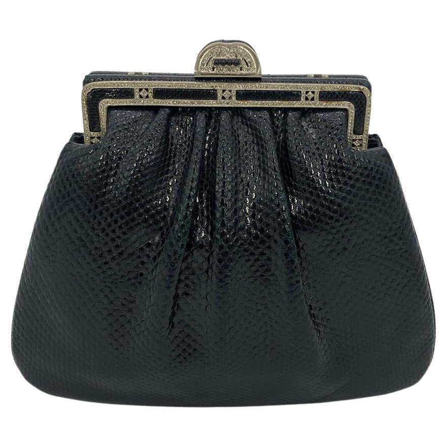 Judith Leiber Black Lizard Antique Silver Crystal Top Clutch For Sale