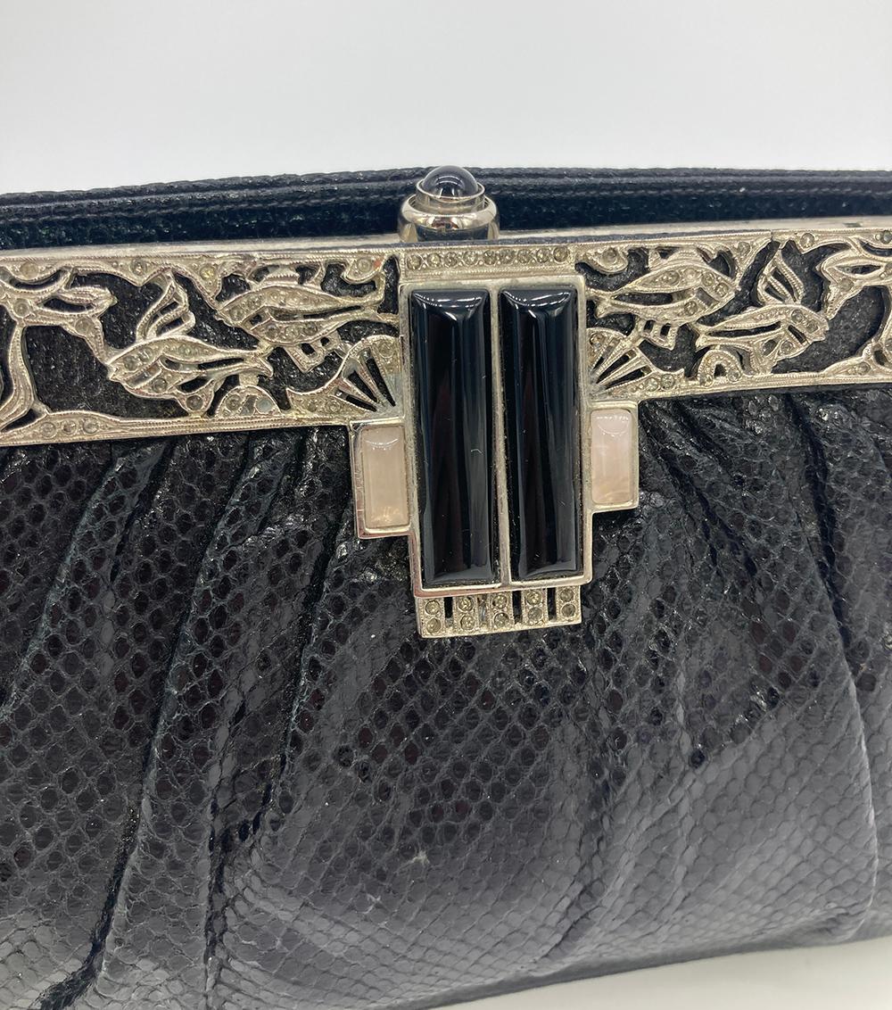 Judith Leiber Black Lizard Antique Silver Fish Crystal Hardware Clutch In Excellent Condition In Philadelphia, PA