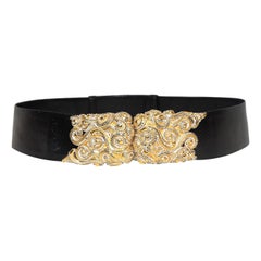 Judith Leiber Black Lizard Belt with Swirl Buckle Encrusted W/ Clear Crystals