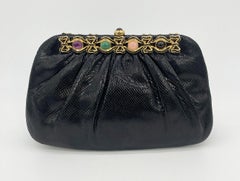 Judith Leiber Black Lizard Black Crystal Multi Color Gemstone Clutch