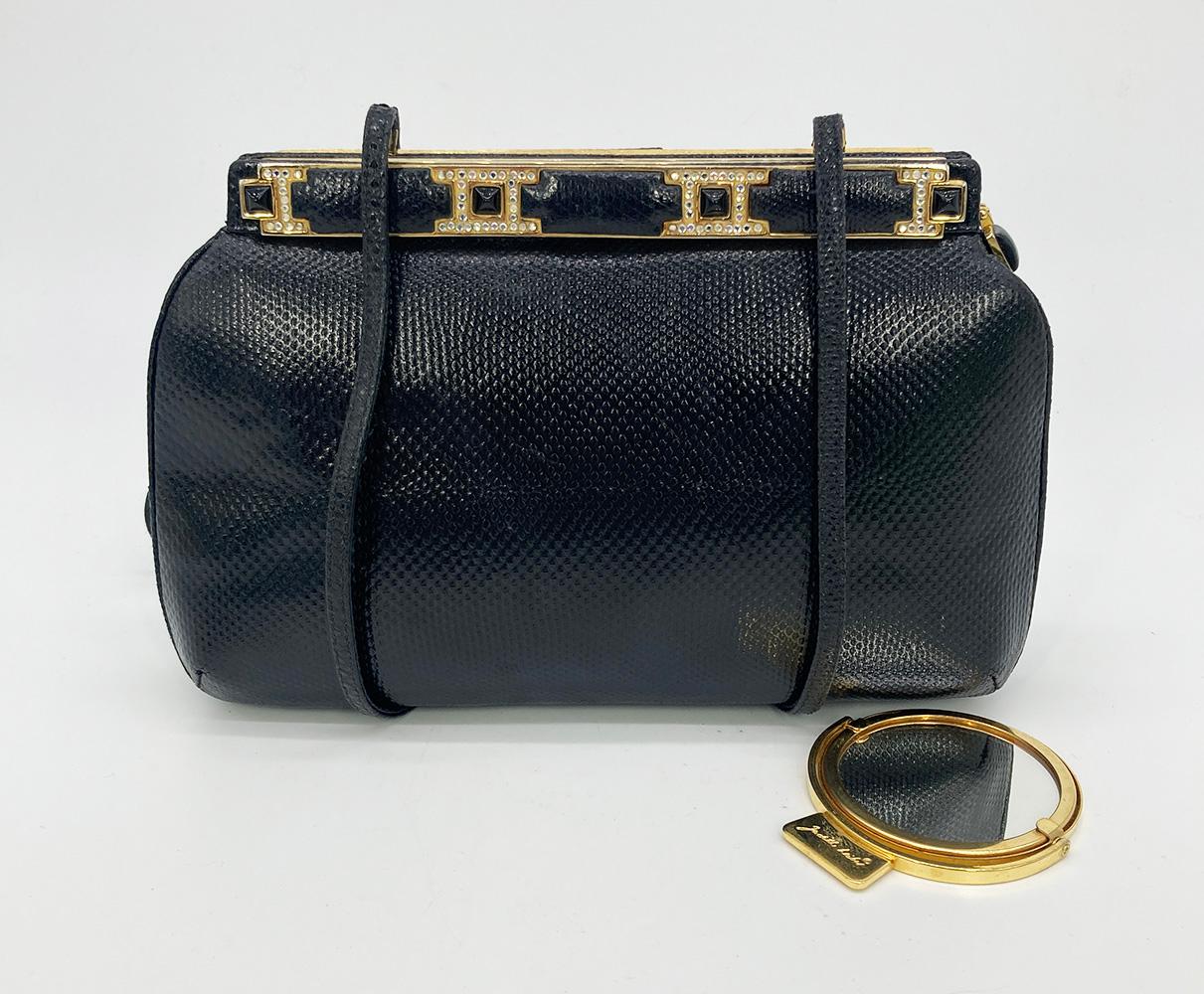 Judith Leiber Black Lizard Crystal and Leather Top Clutch For Sale 7