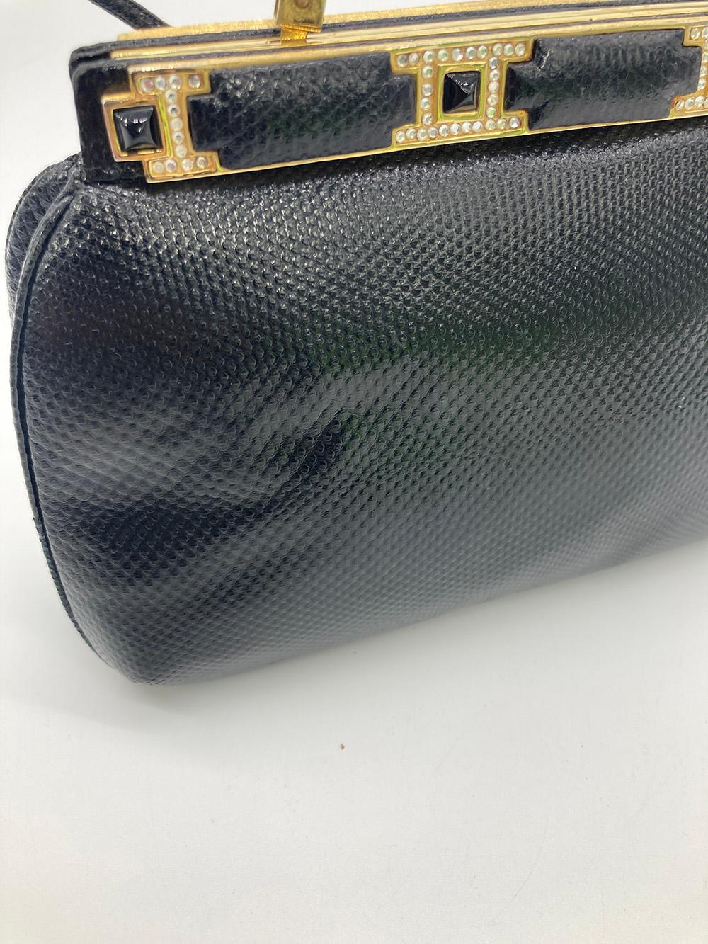 Judith Leiber Black Lizard Crystal and Leather Top Clutch For Sale 8