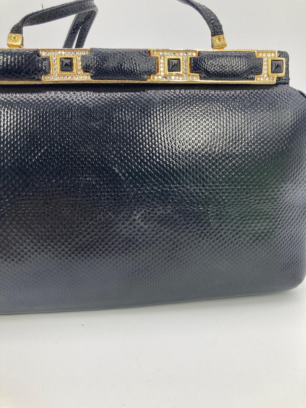Judith Leiber Black Lizard Crystal and Leather Top Clutch For Sale 10