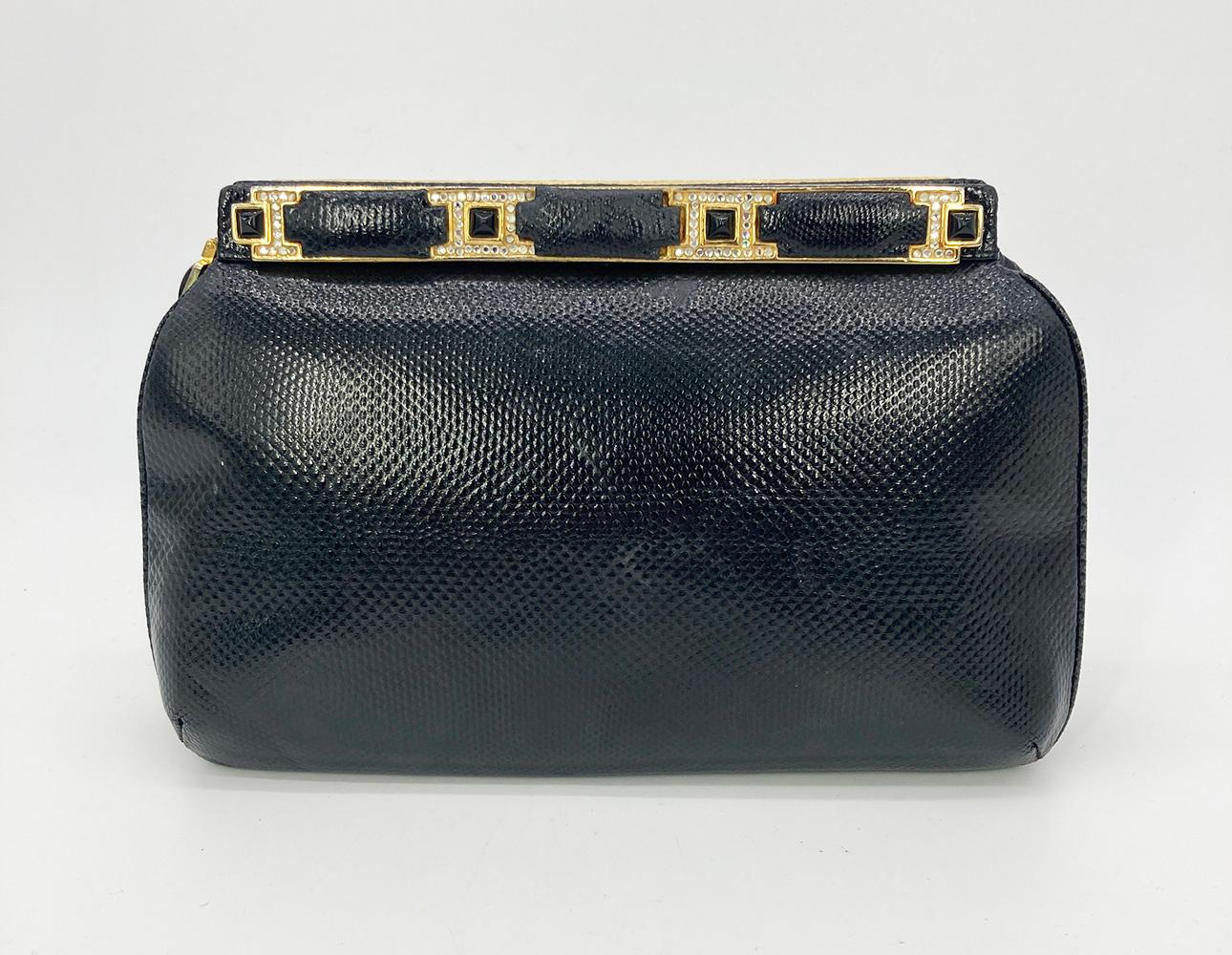 Judith Leiber Black Lizard Crystal and Leather Top Clutch In Good Condition For Sale In Philadelphia, PA