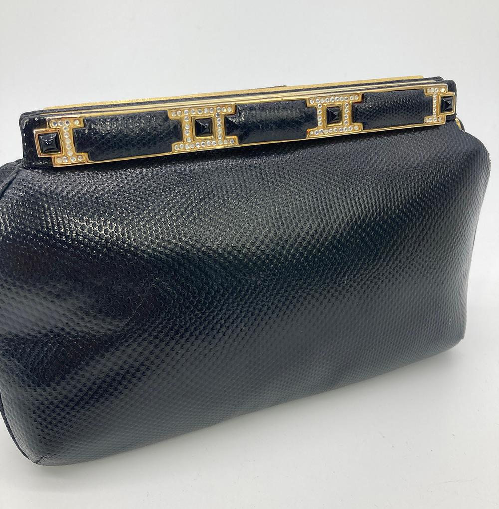 Judith Leiber Black Lizard Crystal and Leather Top Clutch For Sale 1