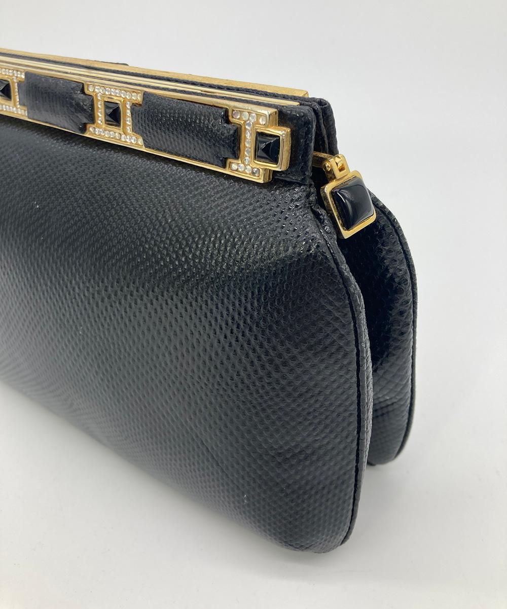 Judith Leiber Black Lizard Crystal and Leather Top Clutch For Sale 2