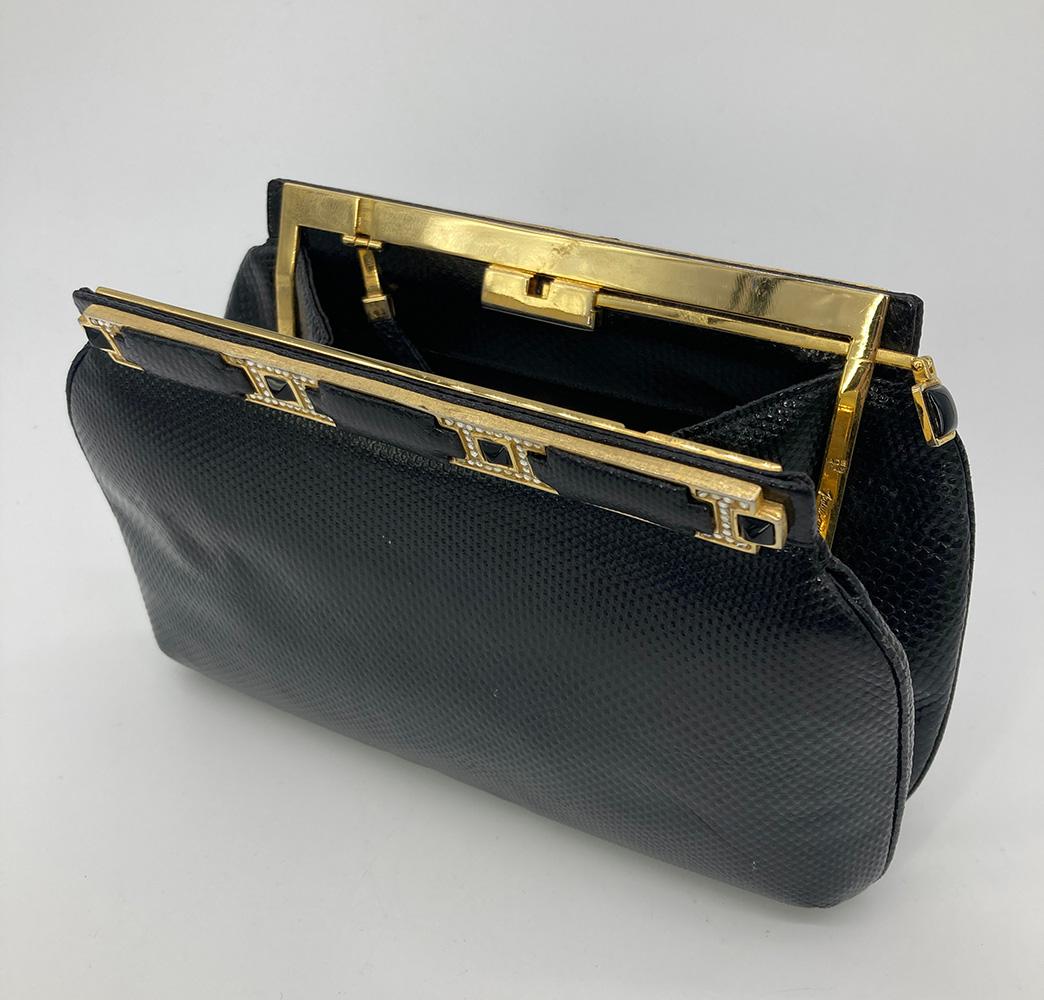 Judith Leiber Black Lizard Crystal and Leather Top Clutch For Sale 3