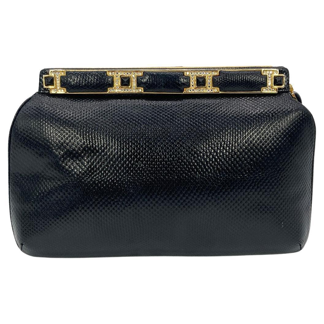 Judith Leiber Black Lizard Crystal and Leather Top Clutch For Sale