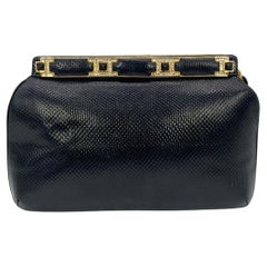 Judith Leiber Black Lizard Crystal and Leather Top Clutch