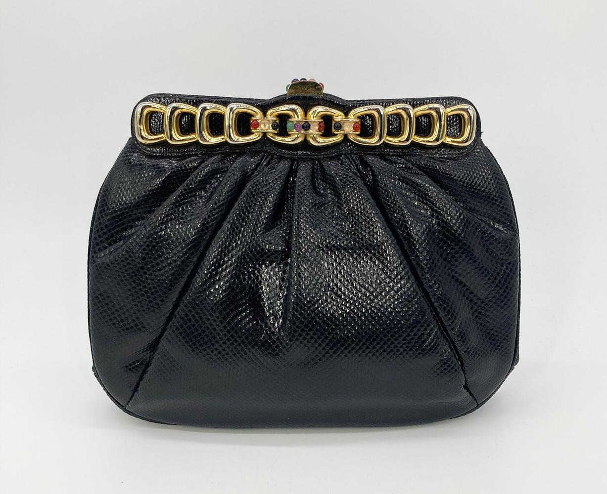 Judith Leiber Black Lizard Gold Chain Top Gemstone Clutch In Good Condition For Sale In Philadelphia, PA