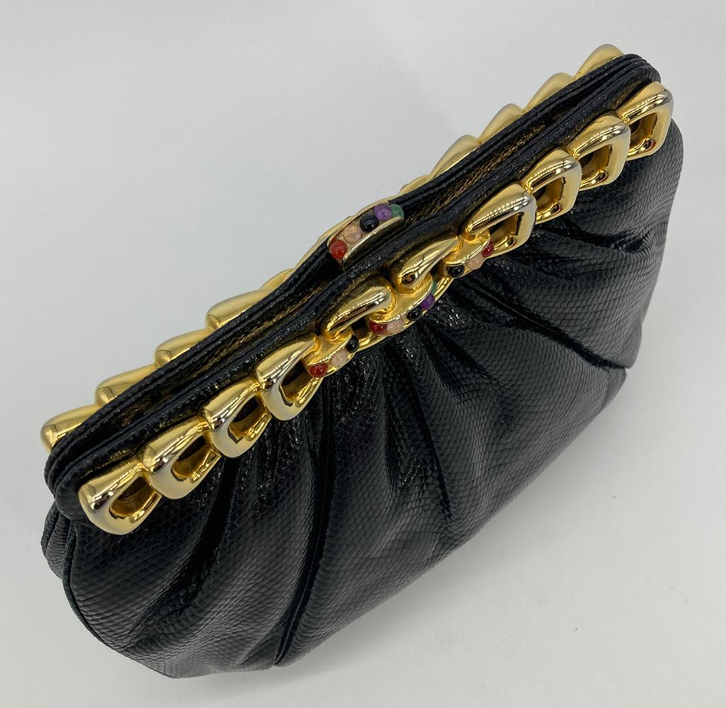 Judith Leiber Black Lizard Gold Chain Top Gemstone Clutch For Sale 3