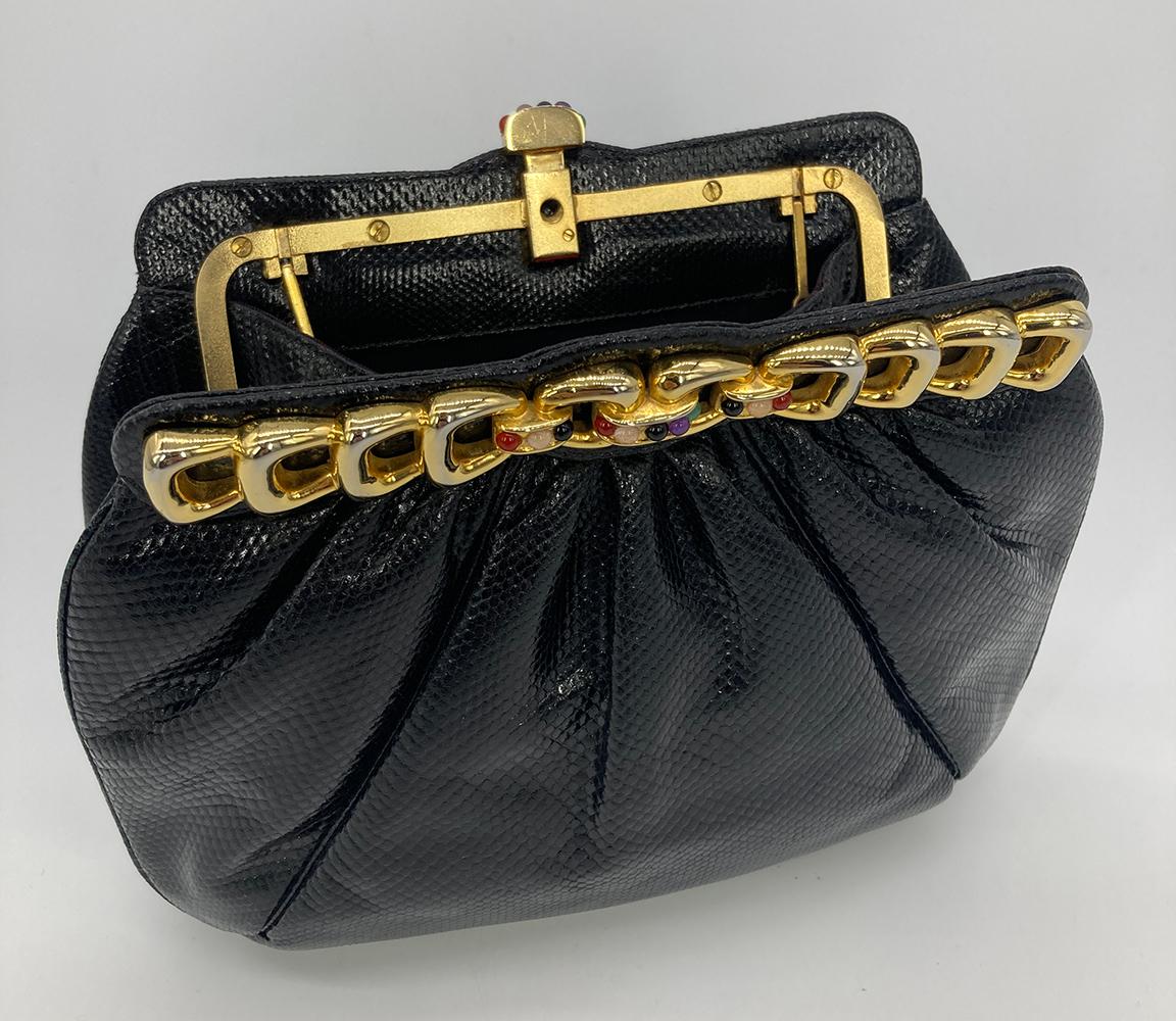 Judith Leiber Black Lizard Gold Chain Top Gemstone Clutch For Sale 4