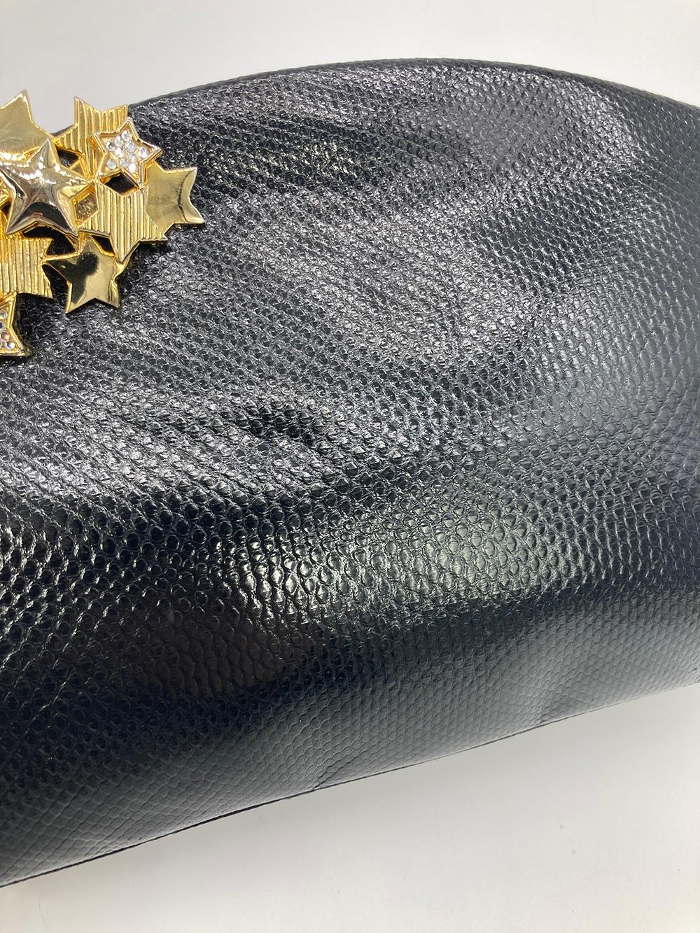 Judith Leiber black Lizard Gold Crystal Star Clutch For Sale 7