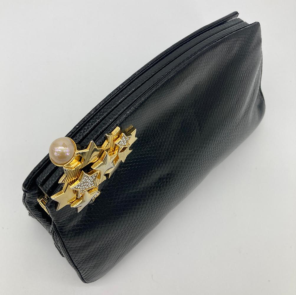 Judith Leiber black Lizard Gold Crystal Star Clutch For Sale 4