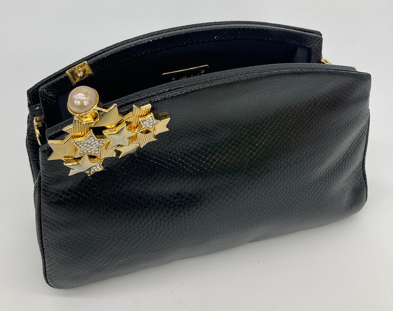 Judith Leiber black Lizard Gold Crystal Star Clutch For Sale 5