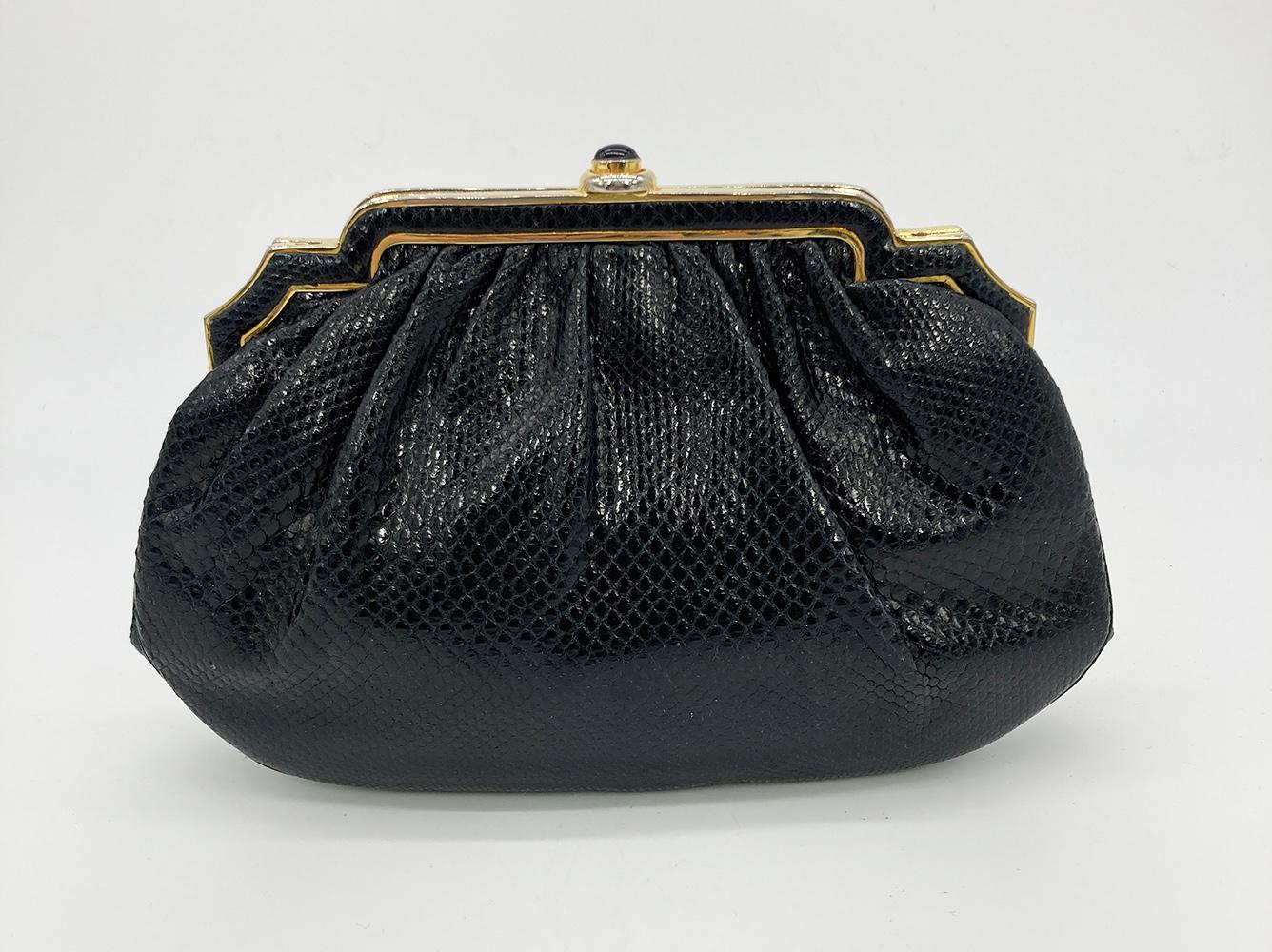 Judith Leiber Black Lizard Gold Deco Top Edge Clutch In Good Condition For Sale In Philadelphia, PA