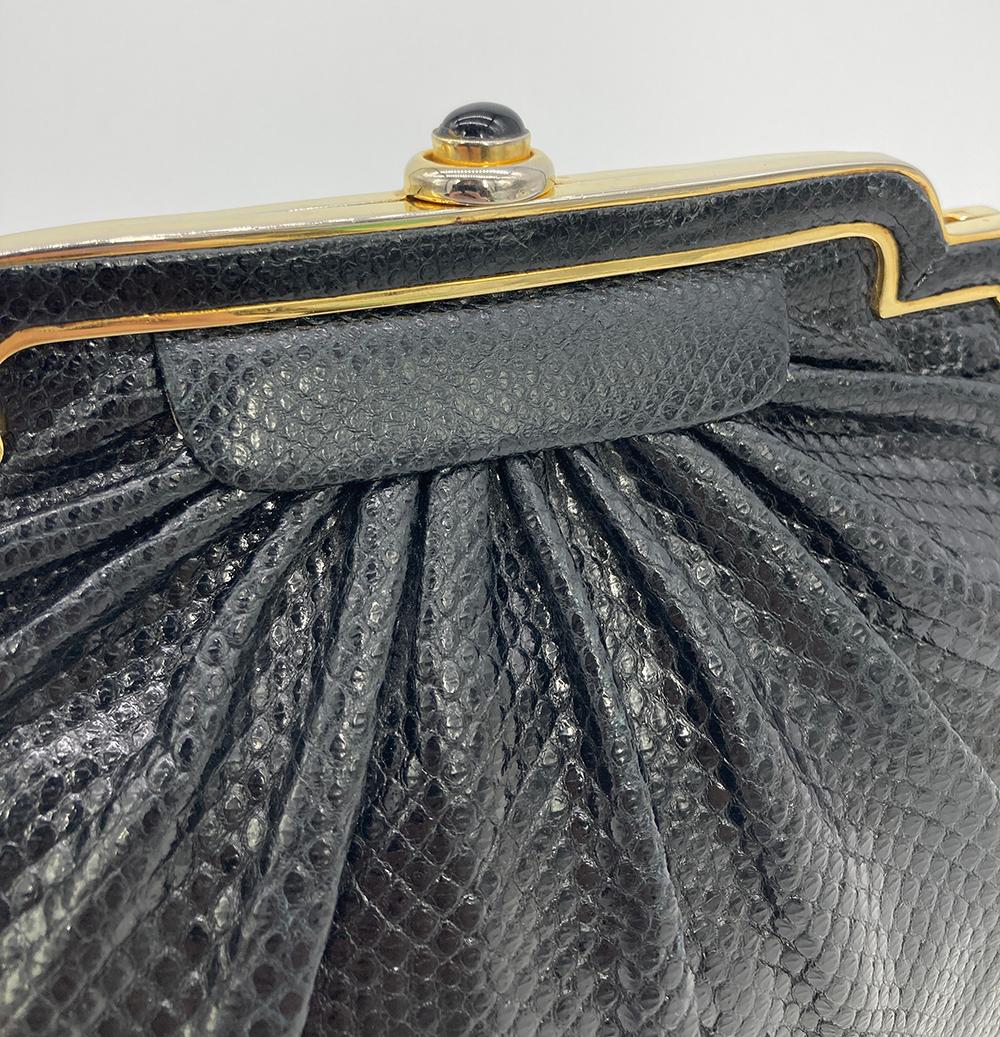 Judith Leiber Black Lizard Gold Deco Top Edge Clutch For Sale 2